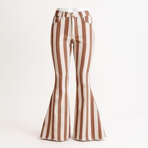 Bestto Women’s Pants S Brown White Stripe Flare Bell Bottom 70s Retro Y2K Style